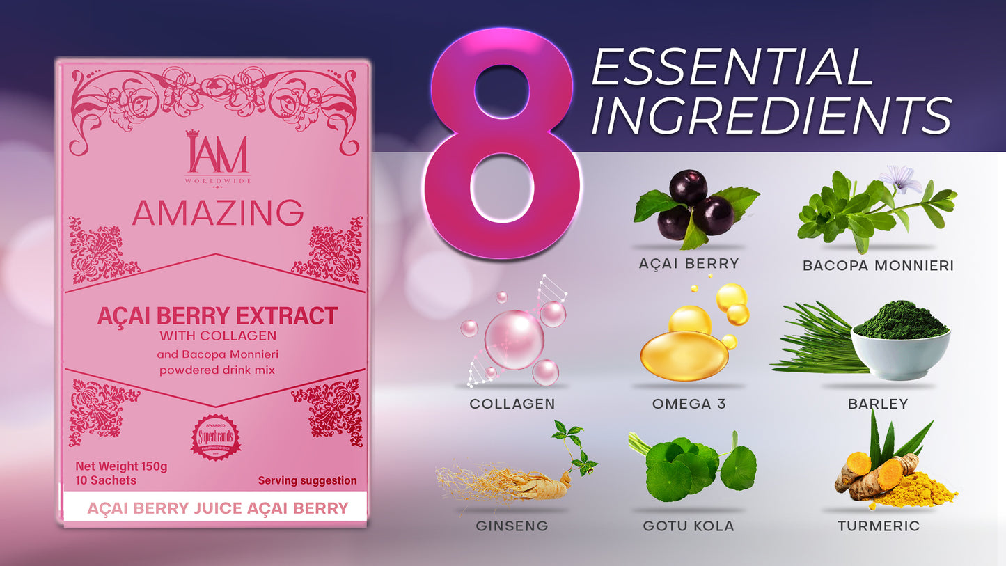 Amazing Acai Berry Extract with Collagen & Bacopa Monnieri – Anti-Aging & Brain Boosting Drink (10 Sachets)