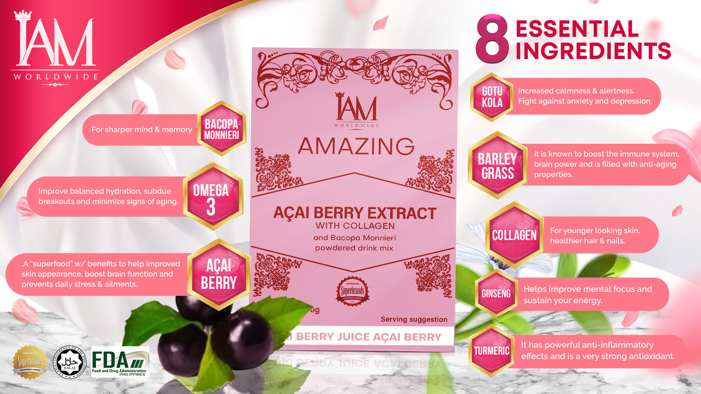 Amazing Acai Berry Extract with Collagen & Bacopa Monnieri – Anti-Aging & Brain Boosting Drink (10 Sachets)