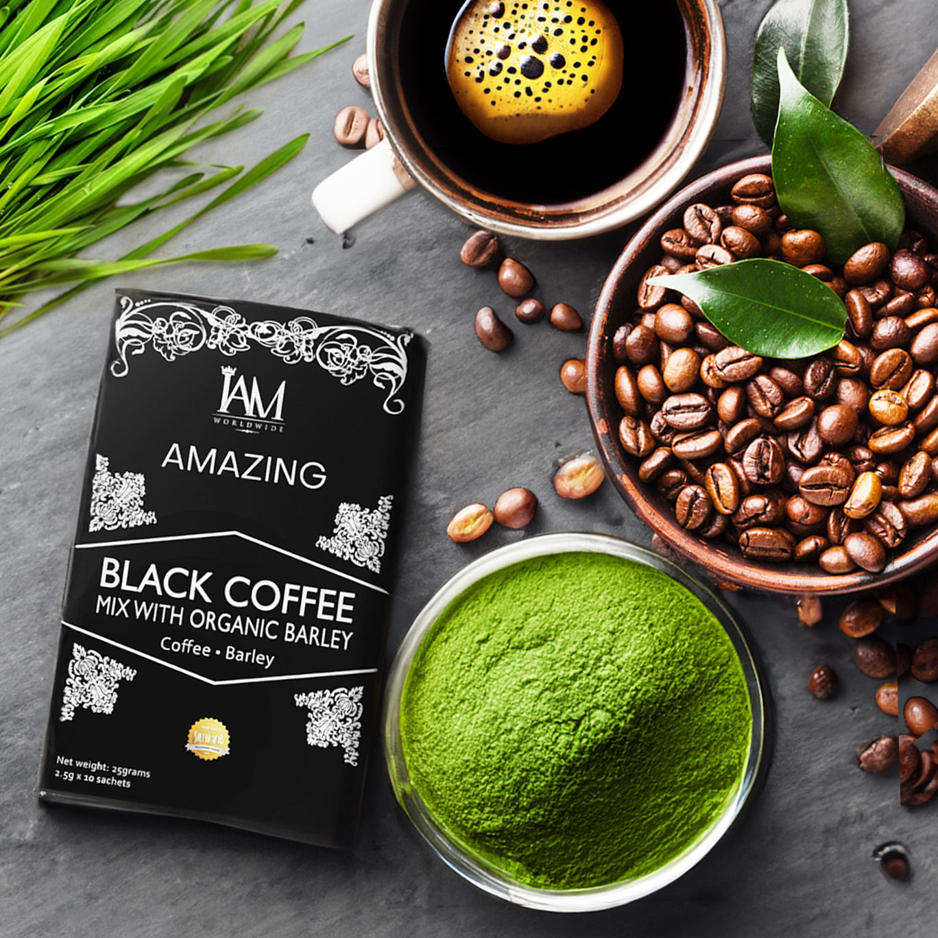 Amazing Black Coffee with Organic Barley (10 Sachets) Premium Arabica Coffee